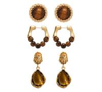 JewelryWe Boho Natürliche Tigerauge Ohrringe Set: 3 Stück Hypoallerge S925 Silber Nadel Vintage Braune Edelstein Ohrstecker Punk Tropfenohrringe Weihnachten Geburtstag Schmuck für Frauen Mädchen