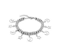 JewelryWe Damen Armband mit Mond Stern: Silber Edelstahl Perlenarmband mit Herz Mond und Stern Anhänger Verstellbar Perlen Kugel Kette Link Charmsarmband Armkette Boho-Stil Schmuck für Frauen