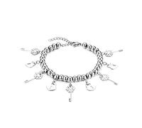 JewelryWe Damen Armband mit Schlüssel Schloss: Silber Edelstahl Perlenarmband mit Schneeflocke Schlüssel & Herz Sperren Anhänger Verstellbar Perlen Kugel Kette Link Charm Armkette Boho-Stil Schmuck