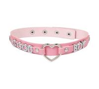 JewelryWe Damen PU Leder halsband Rosa: Y2k Choker mit Herz Metallring und Strass Buchstaben Verstellbare Süß-cool Stil Halskette für Mädchen Mode Accessoire für Party Festival Halloween Streetwear