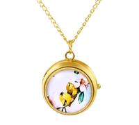 JewelryWe Damen Taschenuhr Gold mit Kette: Niedlich Gelb Vogel Analog Quarz Kettenuhr Vintage Stressabbau Uhr Anhänger Halskette mit Drehbarem Deckel und Arabischen Ziffern