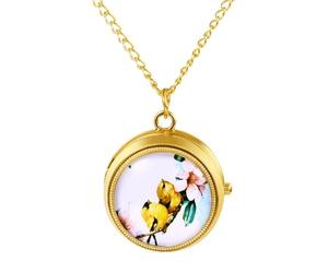 JewelryWe Damen Taschenuhr Gold mit Kette: Niedlich Gelb Vogel Analog Quarz Kettenuhr Vintage Stressabbau Uhr Anhänger Halskette mit Drehbarem Deckel und Arabischen Ziffern