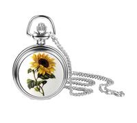 JewelryWe Damen Taschenuhr mit Sonnenblumen und Kette: Kleine Silberne Kettenuhr mit Drehbarem Sonnenblumen-Deckel Analog Quarz Uhr Anhänger Halskette Geschenk für Frau Mutter Freundin