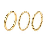 JewelryWe Damenring Stapelbar Ringe 3er Set: Gold Edelstahl Schmale Stapelringe Damen Glänzend Gedreht Kugeln Fingerringe Minimalistisch Verlobungsringe Eheringe Hochzeit Trauringe Größe 54