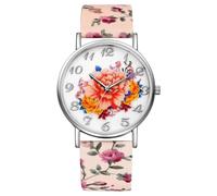 JewelryWe Damenuhr Blumen Leder Uhr: Boho Orange Blumendruck Analog Quarz Armbanduhr Damen Floraler Druck Lederarmband Lässige Uhr mit großen Zahlen Zifferblatt Geschenk für Frau Mädchen