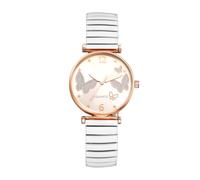 JewelryWe Damenuhr Elastische Armbanduhr mit Schmetterling: Weiß Analoge Quarzuhr Damen Edelstahl Stretcharmband gut lesbare Uhr mit Glitzer-Schmetterling, Roségold Gehäuse & Zugarmband