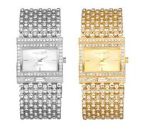 JewelryWe Damenuhr Glitzer Rechteckig Uhr: 2 Stück Damen Bling Strass Analog Quarz Armbanduhr Frauen Breit Metallarmband Armreif Lässige Diamant Spangenuhr mit Eckigem Zifferblatt