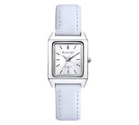 JewelryWe Damenuhr Kleine Rechteckige Uhr: Klassische Einfache Analog Quarz Armbanduhr Damen Weiß Lederarmband Business Casual Uhr mit Silber Rechteck Sonnenschliff-Zifferblatt
