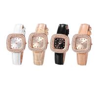 JewelryWe Damenuhr Leder Quadratische Uhr: 4pcs Damen Glitzer Zirkonia Analog Quarz Armbanduhr Frauen Lederarmband Kleine Lässige Uhr mit Eckigem Diamant Wirbel-Gehäuse