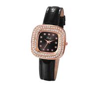 JewelryWe Damenuhr Leder Quadratische Uhr: Damen Glitzer Zirkonia Analog Quarz Armbanduhr Frauen Schwarz Lederarmband Kleine Lässige Uhr mit Eckigem Diamant Wirbel-Gehäuse