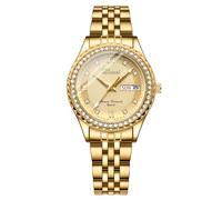 JewelryWe Damenuhr Leuchtende Diamant Uhren: Glitzer Strass 30m Wasserdicht Kalender Analog Quarz Armbanduhr Damen Gold Edelstahl Armband Uhr mit Römischen Ziffern Diamantskala Zifferblatt