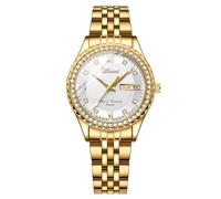 JewelryWe Damenuhr Leuchtende Diamant Uhren: Glitzer Strass 30m Wasserdicht Kalender Analog Quarz Armbanduhr Damen Gold Edelstahl Armband Uhr mit Weiß Römischen Ziffern Diamantskala Zifferblatt