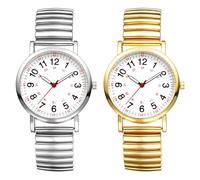 JewelryWe Damenuhr Uhr mit Elastischem Edelstahlband: 2 Stück Einfache Analog Quarz Armbanduhr Damen Edelstahl Stretcharmband Uhr mit 12/24 Stunden Großen Zahlen Zifferblatt & Zugarmband für Senioren