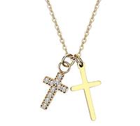 JewelryWe Doppelkreuz Kreuz Halskette Damen: Gold Edelstahl Cubic Zirkonia Double Cross Anhänger Kette Exquisite Christliche Glaube Schmuck Geschenk für Frauen Mädchen