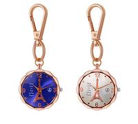 JewelryWe Eiffelturm Uhr mit Karabiner Schlüsselanhänger: 2 Stück Damen Karabineruhr Analog Quarz Taschenuhr mit Rosegold Blumen Design Gehäuse und Blau/Weiß Digital Zifferblatt