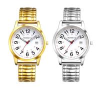 JewelryWe Elastische Uhr mit Großen Zahlen: 2 Stück Klassische Einfache Kalender Analog Quarz Armbanduhr Damen Herren Edelstahl Stretcharmband Unisex Uhr mit Zugarmband und 12/24 Stunden Zifferblatt