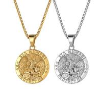 JewelryWe Erzengel Michael Halskette Herren: 2er Set Edelstahl Heiliger Saint Michael Runde Medaille Anhänger Kette mit Karte Gravur St. Michael Protect Us Katholische Religiöse Amulett Schutz Schmuck