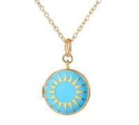 JewelryWe Foto Medaillon Halskette für Damen: Himmelblau Emaille Vergoldet Sonnen Rund Photo Bild Anhänger mit Kette Gold Medaillon zum Öffnen Halskette Schmuck Geschenk für Mutter Tochter Freundin