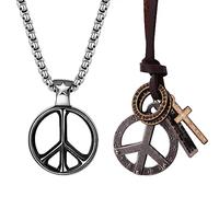 JewelryWe Friedenszeichen Halskette Herren Frieden Anhänger - 2pcs 1960er 1970er Vintage Friedens Zeichen Kreis Kreuz Tag Anhänger mit Edelstahl und Leder Kette Peace Halskette für Männer