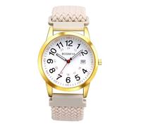 JewelryWe Geflochten Elastische Uhr mit Stoffarmband: Damen Herren Kalender Analog Quarz Armbanduhr mit Beige Gewebt Stretcharmband und 24-Stunden-Zifferblatt - Damenuhr Herrenuhr mit Großen Zahlen