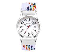 JewelryWe Geflochten Elastische Uhr mit Stoffarmband: Unisex Kalender Analog Quarz Armbanduhr mit Weiß-Bunt Gewebt Stretcharmband & 24-Stunden-Zifferblatt - Boho Damenuhr Herrenuhr mit Großen Zahlen