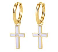 JewelryWe Gold Kreuz Ohrringe für Damen: Edelstahl Kleine Huggie Creolen mit Weiß Emaille 925 Sterling Silber Stecker Hypoallergen Mini Cross Ohrhänger Preppy Hängende Ohrringe für Frau Mädchen
