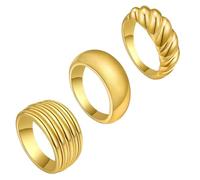 JewelryWe Gold Ringe Damen 3er Set: Edelstahl Vergoldet Chunky Ring Gestreift Croissant Dome Dicke Goldringe Stapelbare Fingerringe Bandring Statement Ring Schmuck Geschenk für Frauen Mädchen Größe 59