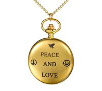 JewelryWe Gravierte Taschenuhr Gold mit Kette: Analog Quarz Kettenuhr mit Gravur Peace and Love Tauben Friedenszeichen Smiley Arabische Ziffern Uhr Anhänger Halskette Geschenk für Damen Herren Unisex