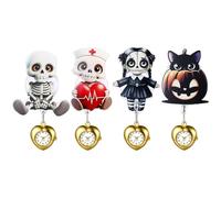 JewelryWe Halloween Krankenschwester Uhr Schwesternuhr: 4 Stück Gothic Skelett Totenkopf Mädchen Katze Krankenschwesteruhr Herz Einziehbar Taschenuhr Analog Quarz Pflegeuhr Ansteckuhr für Damen