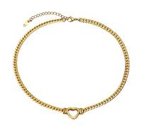 JewelryWe Halskette Herz Damen Panzerkette - Gold Punk Edelstahl Kubanische Kette Choker Halskette mit Herz Anhänger Flach Panzerkette Chunky Kragen Halskette für Frauen Mädchen