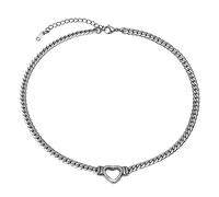JewelryWe Halskette Herz Damen Panzerkette - Silber Punk Edelstahl Kubanische Kette Choker Halskette mit Herz Anhänger Flach Panzerkette Chunky Kragen Halskette für Frauen Mädchen