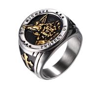 JewelryWe Heiliger Michael Ring Herren: Gold Silber Edelstahl Herren-Ring Erzengel St. Michael Amulett Kreuz Schutzpatron Siegelring Retro Band Bandring Christliche Religiöse Schmuck Geschenk Größe 59