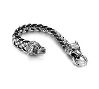 JewelryWe Herren Armband, Retro Punk Rock Doppelt Wolf Kopf Leder Edelstahl Geflochten Kette Armreif, Schwarz Silber