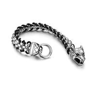 JewelryWe Herren Armband, Retro Punk Rock Wolf Kopf Leder Edelstahl Geflochten Kette Armreif, Schwarz Silber