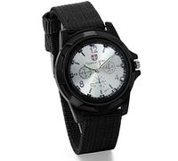 JewelryWe Herren Armbanduhr, Analog Quarz Piloten Outdoor-Sportuhr Schwarz Textil Armband Uhr mit Weiss Digital Zifferblatt