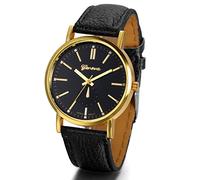 JewelryWe Herren Damen Armbanduhr, Einfach Klassiker Business Casual Analog Quarz Schwarz Leder Armband Uhr mit Schwarz Zifferblatt & Gold Gehäuse