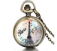 JewelryWe Herren Damen Taschenuhr, Paris Eiffelturm schöne Blumen Uhr Anhänger Analog Quarz Kettenuhr Pullover Halskette Kette, Mehrfarbig