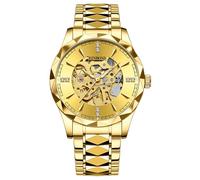 JewelryWe Herrenuhr Automatik Uhr Herren: 30m Wasserdicht Automatisch Mechanisch Analog Armbanduhr Männer Leuchtend Skelett Militär Automatikuhr mit Gold Edelstahl Armband und Gold rundem Zifferblatt