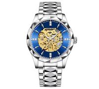 JewelryWe Herrenuhr Automatik Uhr Herren: 30m Wasserdicht Automatisch Mechanisch Armbanduhr Männer Leuchtend Skelett Militär Automatikuhr mit Silber Edelstahl Armband und Blau rundem Zifferblatt