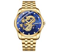JewelryWe Herrenuhr Drachen Edelstahl Uhr: 30m Wasserdicht Kalender Analog Quarz Armbanduhr Herren Gold Edelstahlarmband Leuchtende Uhren mit Blau Diamantskala Zifferblatt und Leuchtzeiger