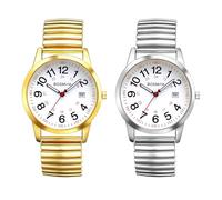 JewelryWe Herrenuhr Elastisches Zugarmband Uhr: 2 Stück Herren Damen Kalender Analog Quarz Armbanduhr Silber Edelstahl Stretcharmband Unisex Senioren Uhr mit Großen Zahlen 24-Stunden Zifferblatt