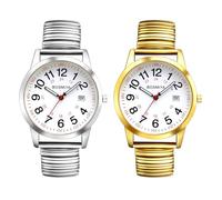 JewelryWe Herrenuhr Elastisches Zugarmband Uhr: 2 Stück Klassische Kalender Analog Quarz Armbanduhr Herren Damen Edelstahl Stretcharmband Senioren Uhr mit Großen Zahlen 24-Stunden Zifferblatt
