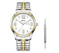 JewelryWe Herrenuhr Leuchtende Elastische Uhr: Datum & Wochentag Kalender Analog Quarz Armbanduhr Herren Bicolor Edelstahl Stretcharmband Zugarmband Uhr mit Großen Zahlen & Leuchtzeigern