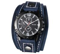 JewelryWe Herrenuhr Steampunk Uhren mit Lederarmband: Vintage Punk Analog Quarz Armbanduhr Herren Blau Breit Mehrschichtig Echtleder Leder Armband Halloween Große Uhr für Männer Vater Freund