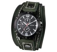 JewelryWe Herrenuhr Steampunk Uhren mit Lederarmband: Vintage Punk Analog Quarz Armbanduhr Herren Grün Breit Mehrschichtig Echtleder Leder Armband Halloween Große Uhr für Männer Vater Freund