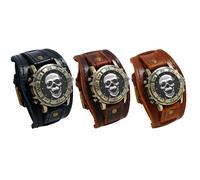 JewelryWe Herrenuhr Totenkopf Echtleder Uhr: 3 Stück Vintage Steampunk Silber Gotik Schädel Armbanduhr Herren Breit Lederarmband Biker Sport Lässige Uhr für Männer Halloween Party