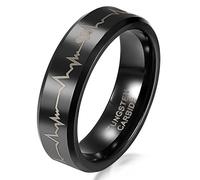 JewelryWe Herzschlag EKG Ring Damen: 6mm Breit Damen-Ring Schwarz Wolfram Wolframcarbid EKG-Ring mit Herzschlag & Herz Frauen Fingerringe Partnerringe Verlobung Hochzeit Band Größe 61