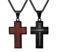 JewelryWe Holz Kreuz Halskette Herren: Edelstahl Philipper 4:13 Bibelvers Kreuzförmige Anhänger I Can Do All Things Through Christ Glaubenskette 60cm Religiöser Schmuck Geschenk für Männer, Schwarz