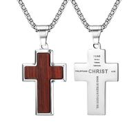 JewelryWe Holz Kreuz Halskette Herren: Edelstahl Philipper 4:13 Bibelvers Kreuzförmige Anhänger I Can Do All Things Through Christ Glaubenskette 60cm Religiöser Schmuck Geschenk für Männer, Silber