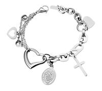 JewelryWe Jungfrau Maria Armband Damen: Silber Edelstahl Asymmetrisch Mehrschichtig Armkette Kettenarmband mit Herz Kreuz Mutter Mary Medaille Anhänger Religiöses Rosenkranz Armband Schmuck Frauen